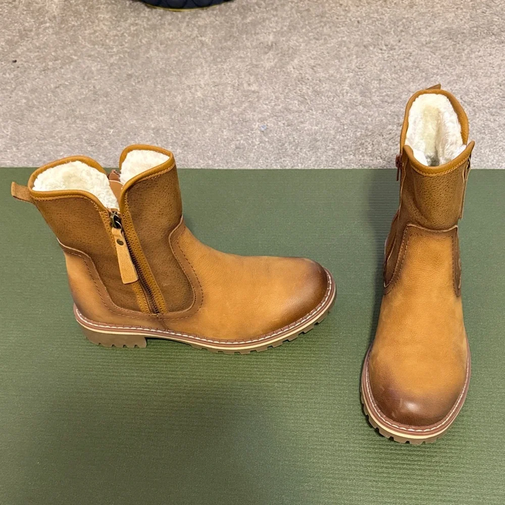 Spring Step Jovany Leather Booties EU 40 US 9 Tan Fur Lined Dual Zip Lug Sole - Picture 2 of 11